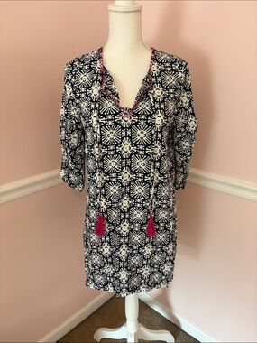Navy & White Tassel Tunic/Cover-Up with Pink Accents